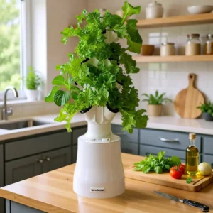 HomeGarden Table Tower mit Salate steht auf einer Arbeitsfläche in einer modernen Küche