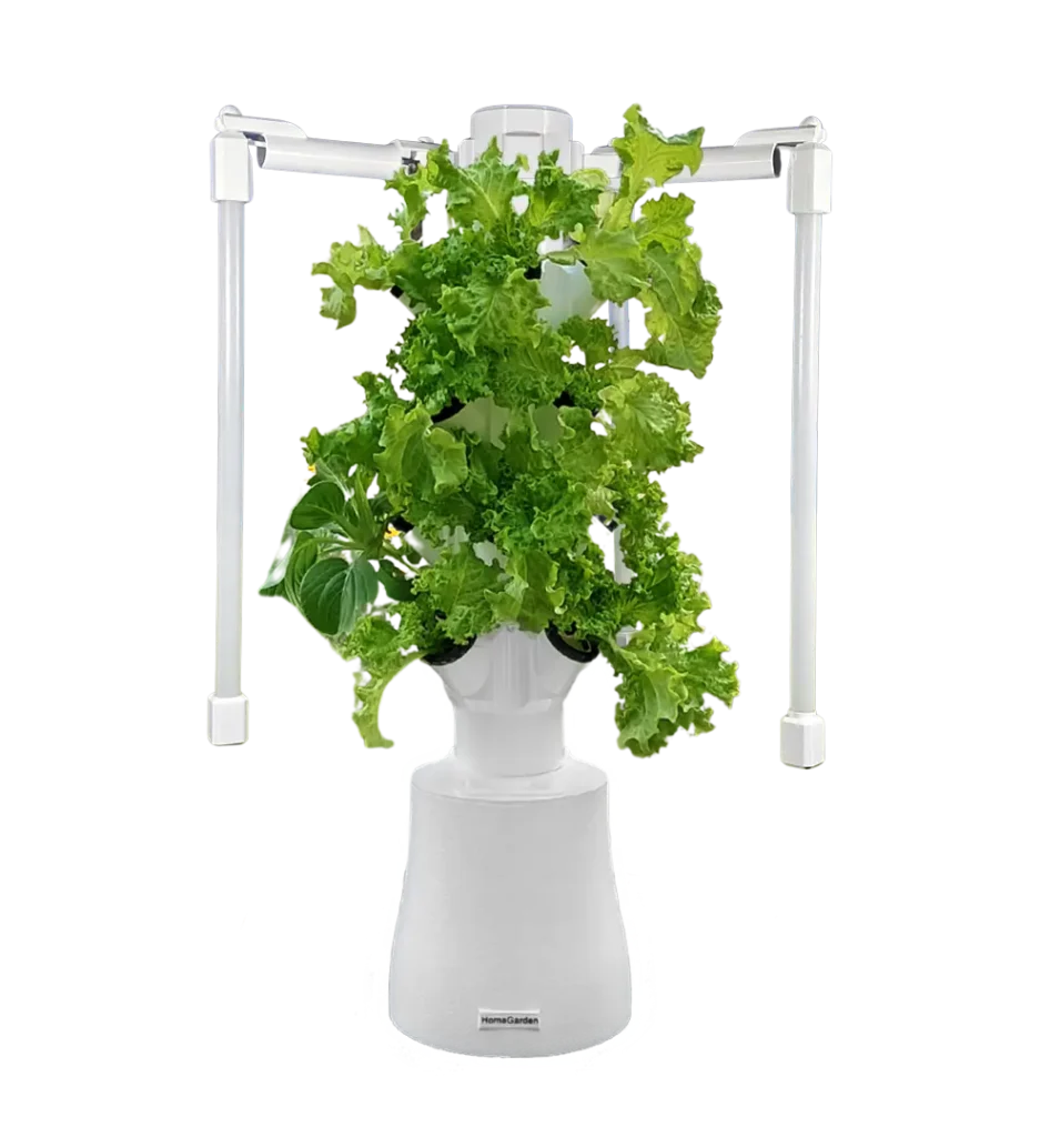 HomeGarden Table Tower mit grünem Salat angebaut und Beleuchtung. Freigestellt