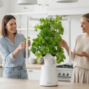 Zwei Frauen beim Indoor Gardening mit Hydroponik-Pflanzen für nachhaltigen Anbau zu Hause - homegarden.bio