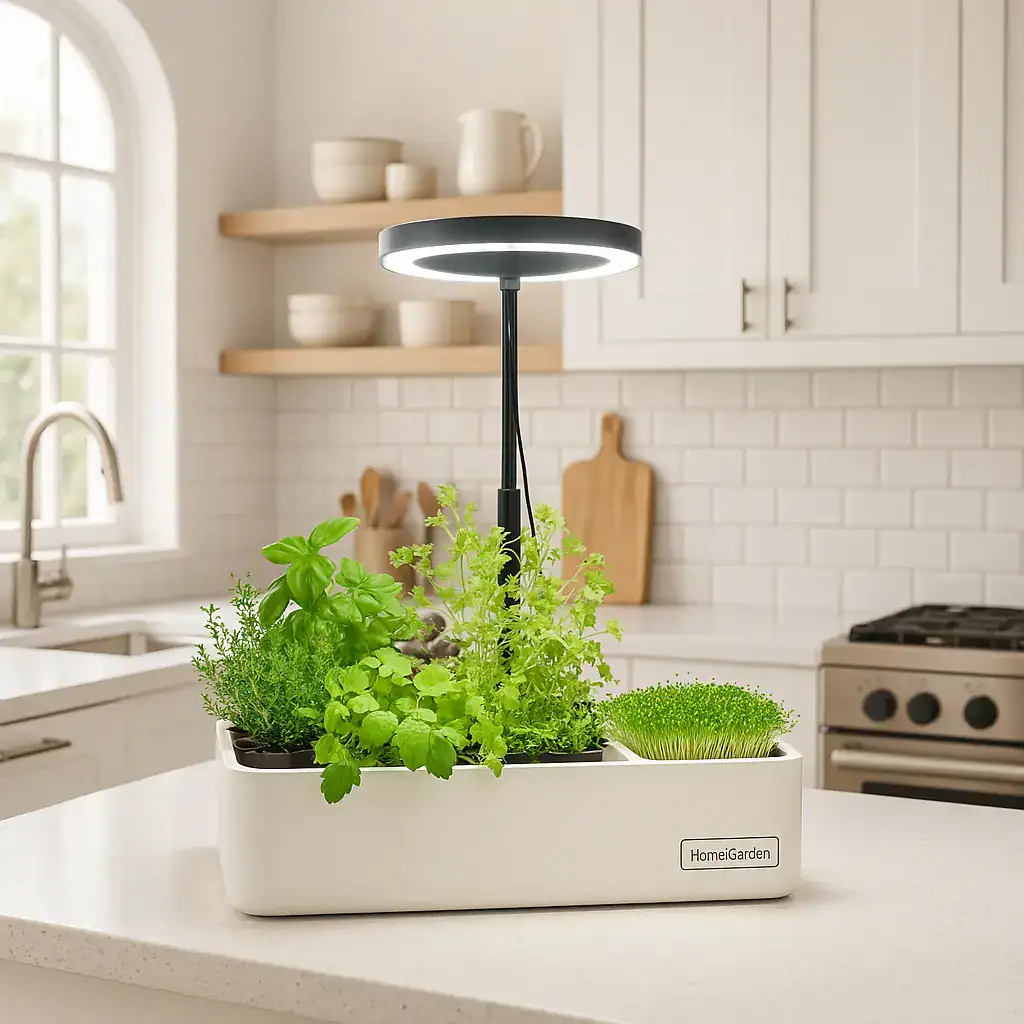 Kräutergarten mit Beleuchtung in einer Küche auf der Arbeitsplatte bepflanzt mit Kräutern und Microgreens