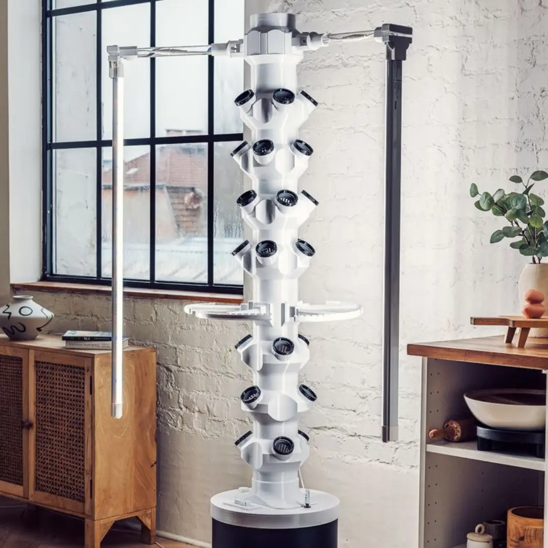 Pflanzenturm ohne Bepflanzung in der Küche neben einem Fenster