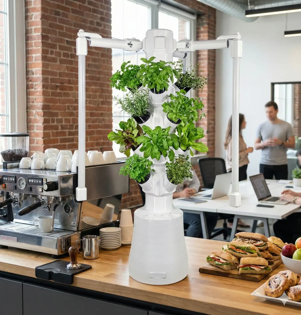 Kompakter Hydroponik-Tischturm für Indoor-Gardening im Büro - platzsparende vertikale Anzucht für Kräuter