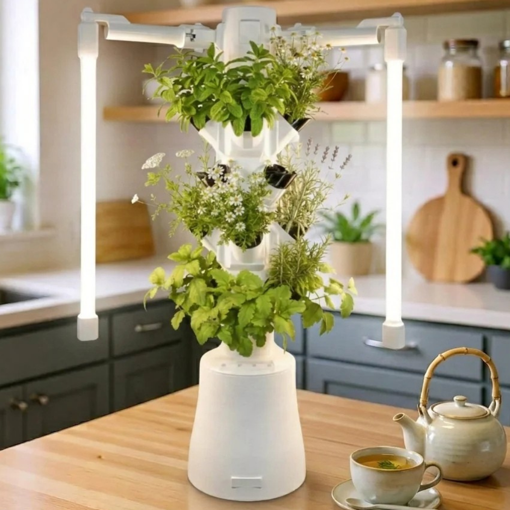 HomeGarden Table Tower mit frischen Kräutern bestückt – Küchen- und Teekräuter im Indoor-Garten auf dem Küchentisch