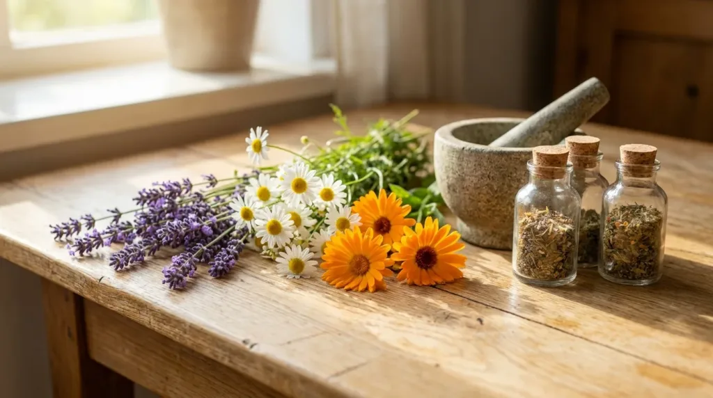 Verschiedene essbare Kräuterblüten (Lavendel, Kamille, Ringelblume) auf Holztisch mit Mörser und Glasflaschen