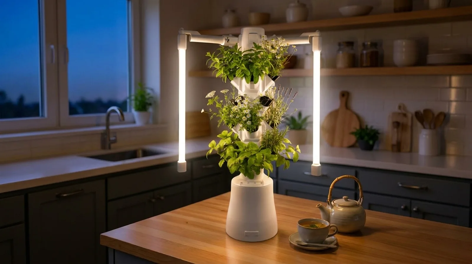 Derselbe Table Tower mit leuchtender Vollspektrum-LED — wächst unabhängig vom Fenster