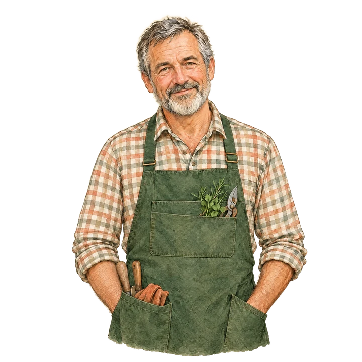 Der Berater, ein freundlicher Gärtner mit grüner Schürze