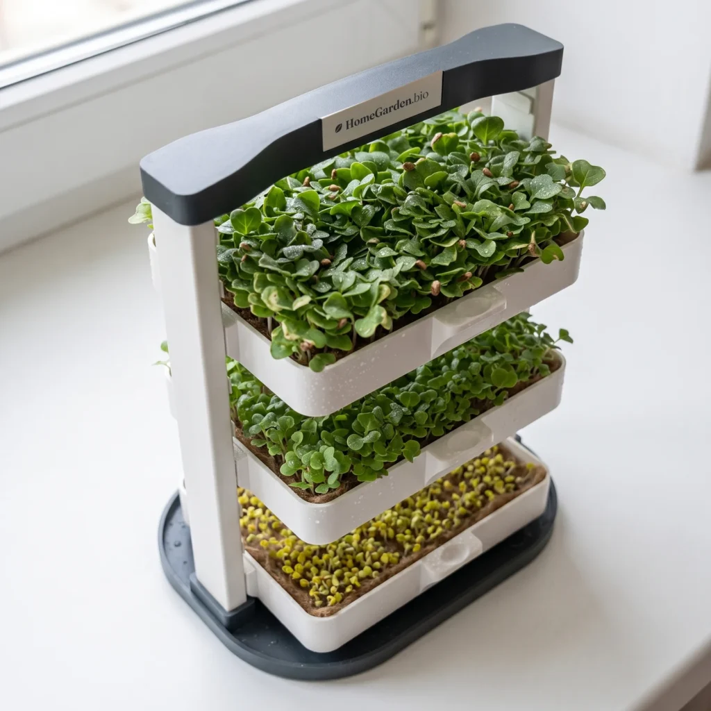 HomeGarden Microgreens Station Etage auf der Fensterbank: drei Schalen übereinander mit Microgreens in drei Wachstumsstufen vom Keimling bis zur Ernte