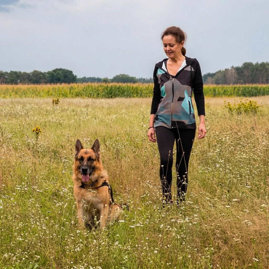 Vanya Kostova steht in einer Blumenwiese, neben ihr sitzt die Schäferhündin Lady